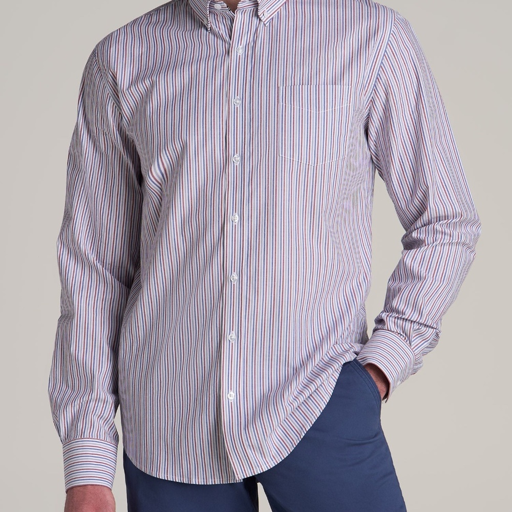 American Tall Soft-Wash Button-Up Shirt for Tall Men in Red and Blue Multi Strip